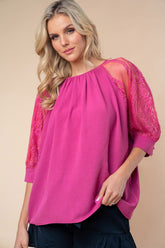 White Birch Lace Half Sleeve Blouse - Elegant Round Neck Top